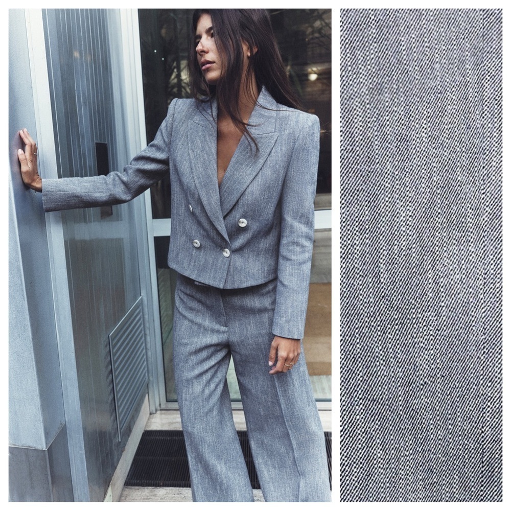 NWT. Zara Blue Twill Double Breasted Cropped Blazer. Size S.